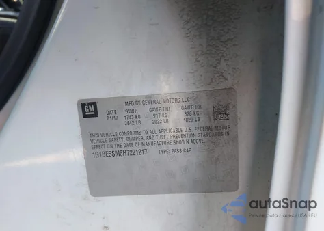 2017 Chevrolet Cruze Lt Auto из США, поврежденный, VIN 1G1BE5SM6H7221217